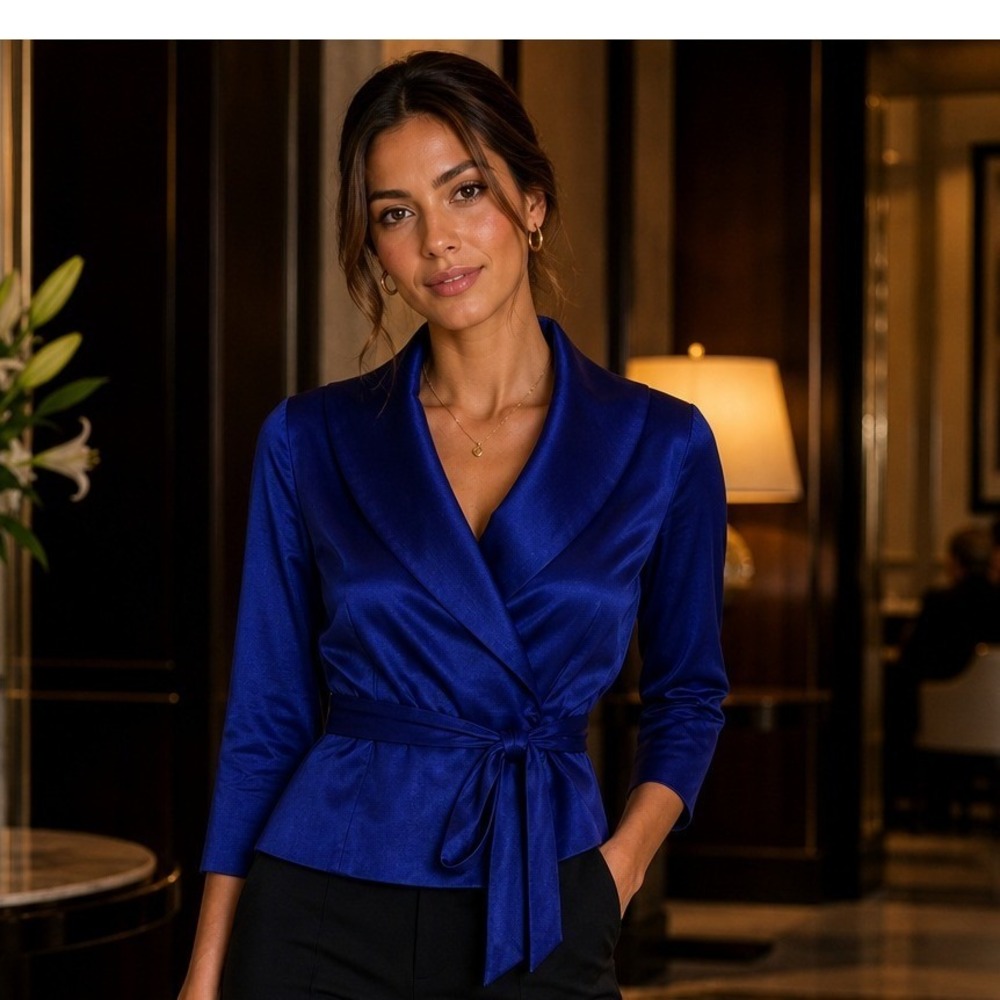 Alex Evenings Royal Blue Wrap Blouse Portrait Collar Tie Waist XLP Petite‎ XL